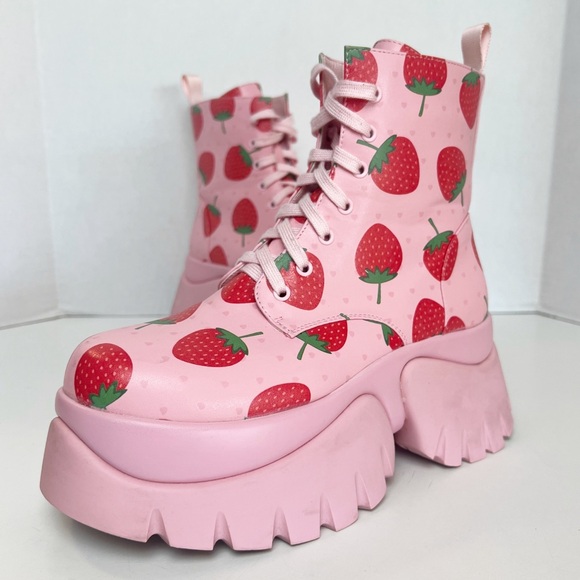 •KOI• Strawberry Spongecake Pink Vilun Platform Lace- Up Ankle Boots Size US 7 - Picture 3 of 16